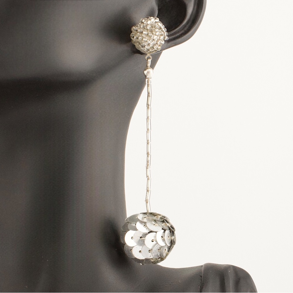 Vintage Retro Mod Long Dangle Earrings Silver Tone Sequin Ball